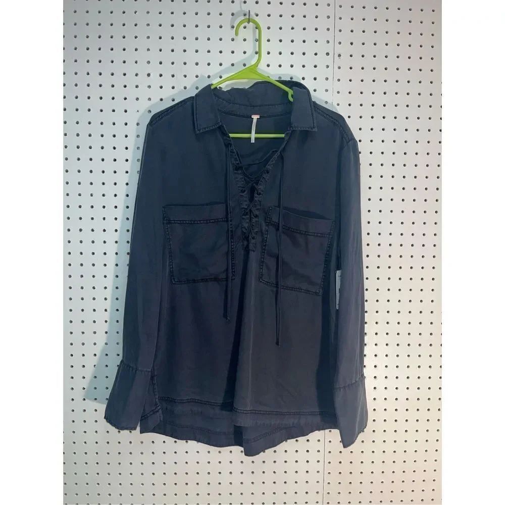 Freeย People Charcoal black Under Your Spell Lace UpโV-Neck Boho Blouse